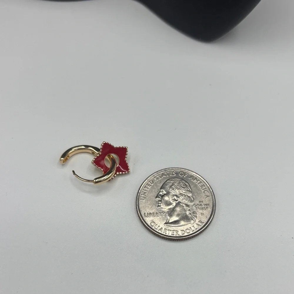 4th of July Gold Tone Hoop Earring with Red Enamel Clover Accent